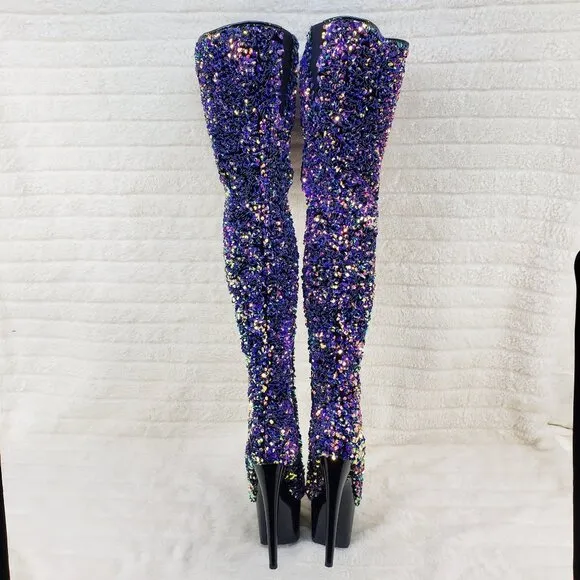 Purple Multi Stretch Sequin Platform 7&quot; Heels Thigh High Boots 3020