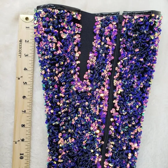Purple Multi Stretch Sequin Platform 7&quot; Heels Thigh High Boots 3020