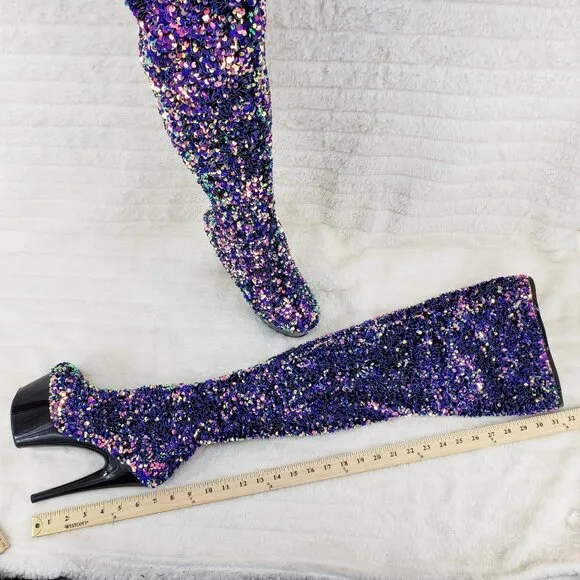 Purple Multi Stretch Sequin Platform 7&quot; Heels Thigh High Boots 3020