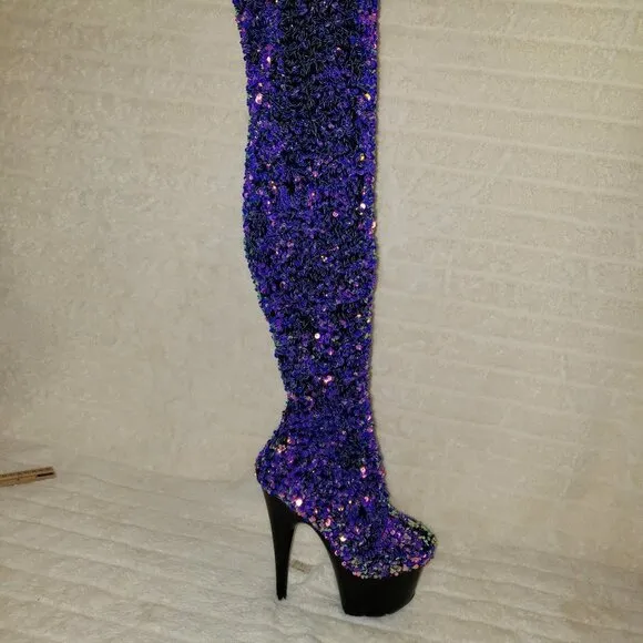 Purple Multi Stretch Sequin Platform 7&quot; Heels Thigh High Boots 3020