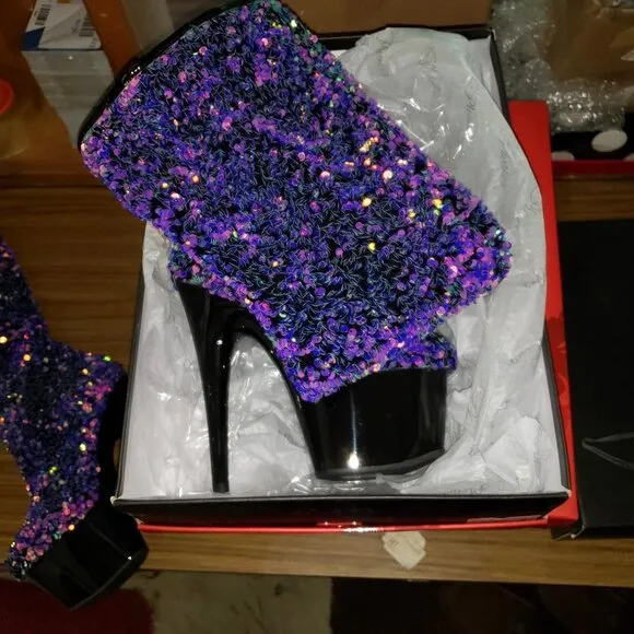 Purple Multi Stretch Sequin Platform 7&quot; Heels Thigh High Boots 3020