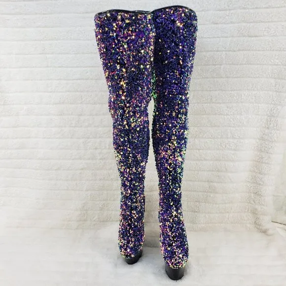 Purple Multi Stretch Sequin Platform 7&quot; Heels Thigh High Boots 3020