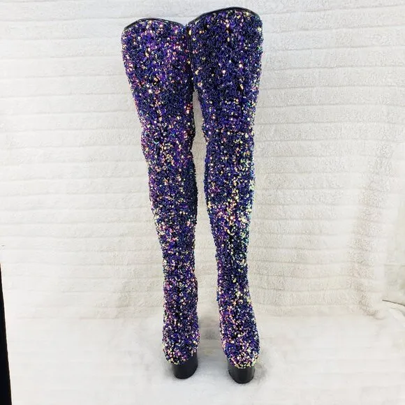 Purple Multi Stretch Sequin Platform 7&quot; Heels Thigh High Boots 3020