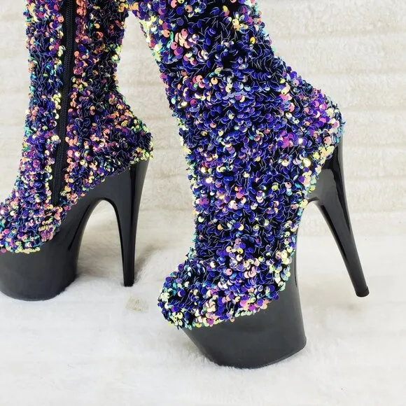 Purple Multi Stretch Sequin Platform 7&quot; Heels Thigh High Boots 3020