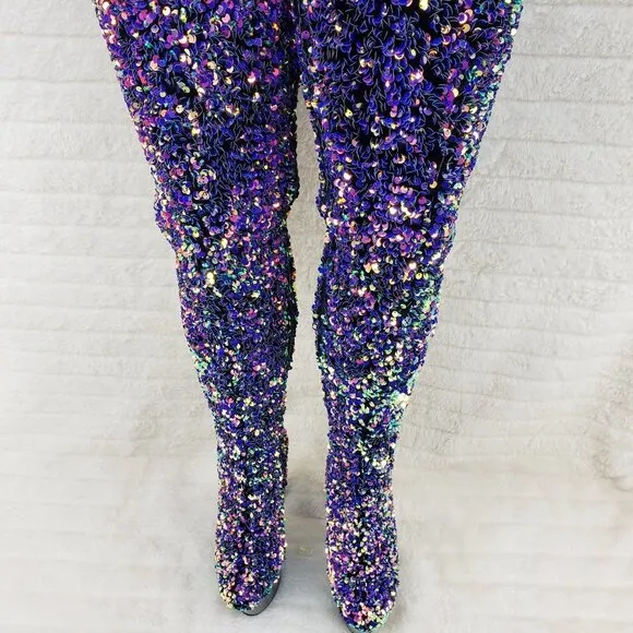 Purple Multi Stretch Sequin Platform 7&quot; Heels Thigh High Boots 3020