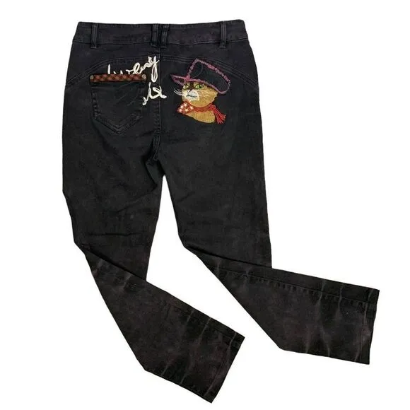 Puss In Boots Cat Embroidered Cropped Denim Jeans 29 Black Skinny Stretch