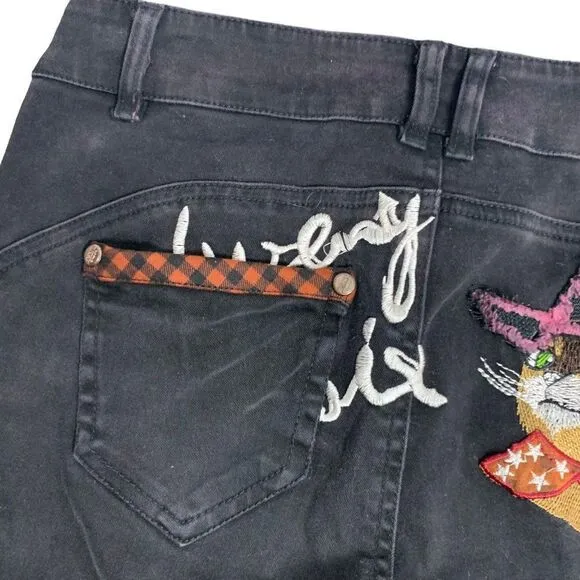Puss In Boots Cat Embroidered Cropped Denim Jeans 29 Black Skinny Stretch