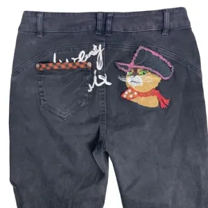 Puss In Boots Cat Embroidered Cropped Denim Jeans 29 Black Skinny Stretch