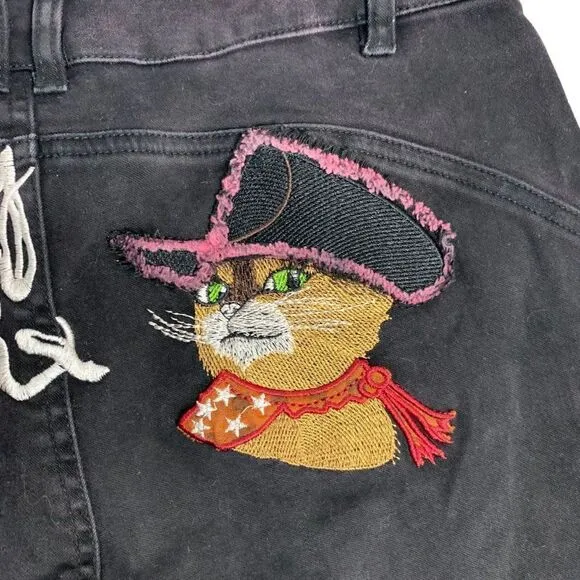 Puss In Boots Cat Embroidered Cropped Denim Jeans 29 Black Skinny Stretch
