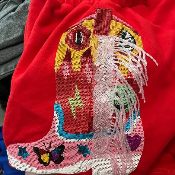 QUEEN OF SPARKLES SHORTS SMALL RED COWBOY BOOTS SIDE FRINGE PINK COUNTRY WESTERN