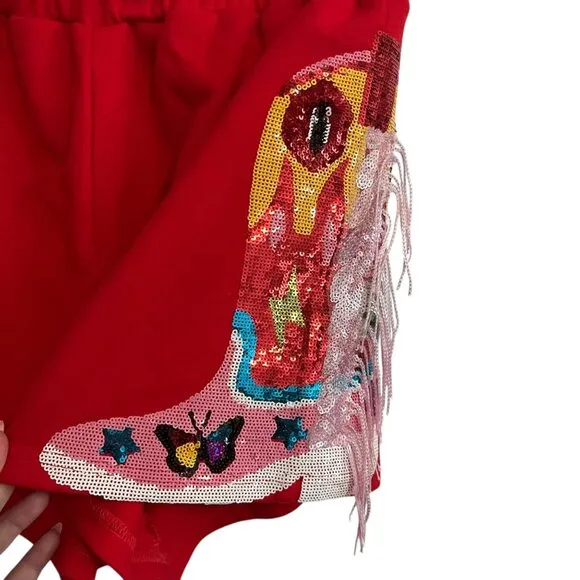 QUEEN OF SPARKLES SHORTS SMALL RED COWBOY BOOTS SIDE FRINGE PINK COUNTRY WESTERN