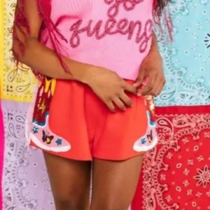 QUEEN OF SPARKLES SHORTS SMALL RED COWBOY BOOTS SIDE FRINGE PINK COUNTRY WESTERN