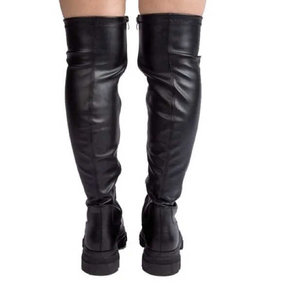 Qupid Parry-02 Black Over-The-Knee Stretch Lug Sole Festival Boots