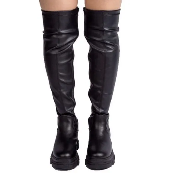 Qupid Parry-02 Black Over-The-Knee Stretch Lug Sole Festival Boots