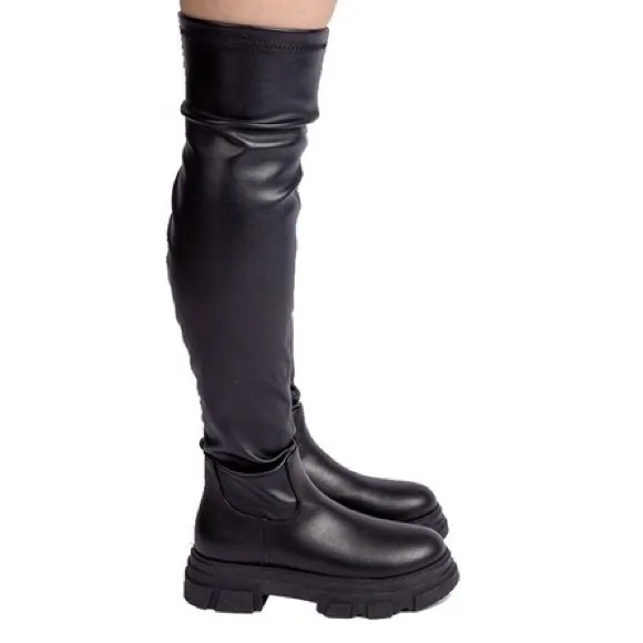 Qupid Parry-02 Black Over-The-Knee Stretch Lug Sole Festival Boots