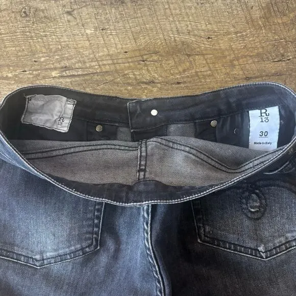 R13 Shredded Hem Black Skinny High Waisted Splatter Jeans Size 30