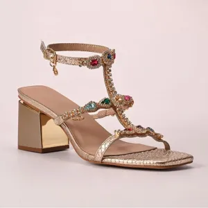 Radiant Gold Sandal with Colorful Crystal Embellishments and Polished Block Heel