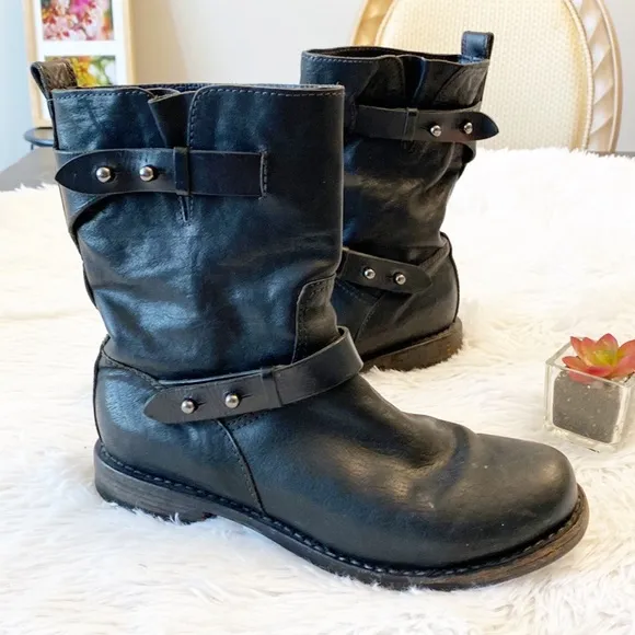 RAG &amp; BONE Black Leather Combat Moto western calf boots women size 6.5