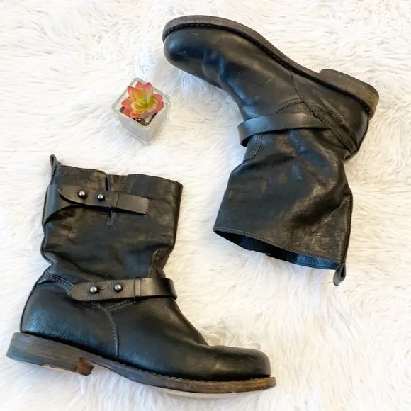 RAG &amp; BONE Black Leather Combat Moto western calf boots women size 6.5