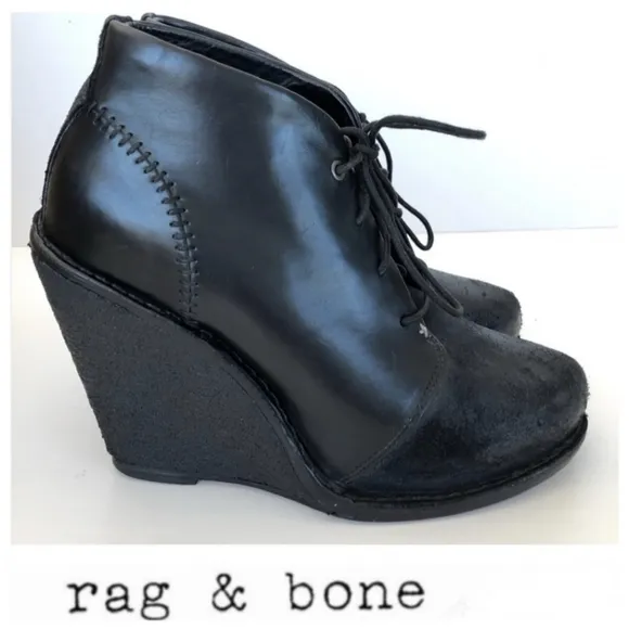 Rag &amp; Bone Wedge Booties Odval Desert Black Leather Distressed Suede