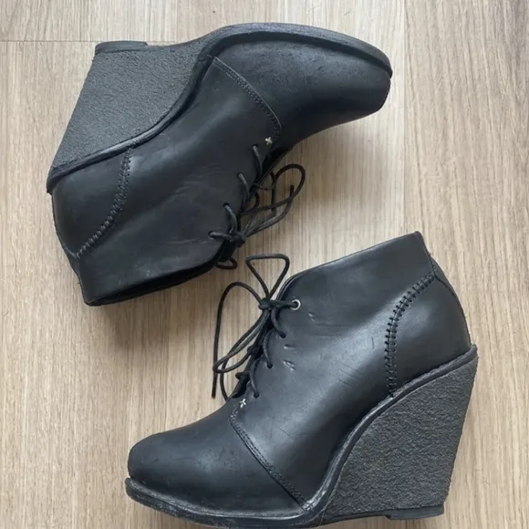 Rag &amp; Bone Wedge Booties Odval Desert Black Leather Distressed Suede