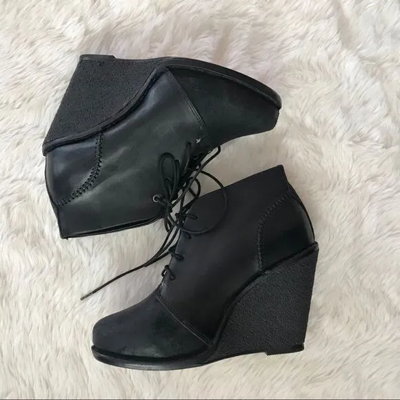 RAG &amp; BONE Black Wedge Leather Bootie Ankle Boot Distressed Odval Desert Size 7