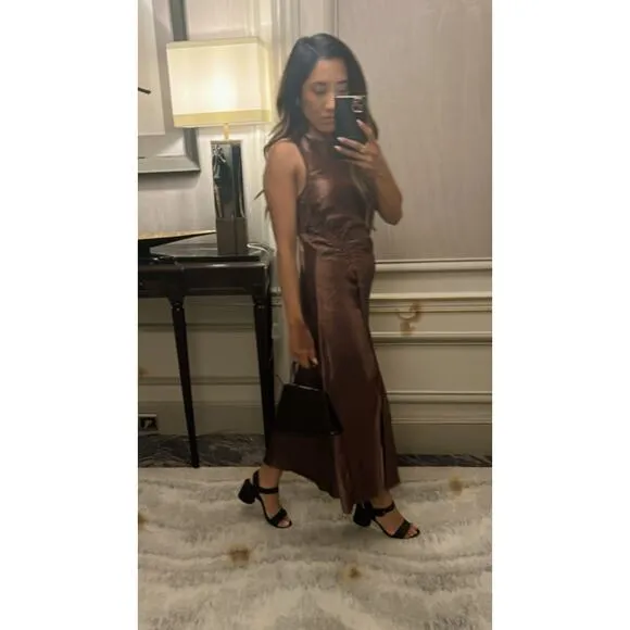RAILS Women's Brown Satin Gabriella Sleeveless Slip Style Midi Dress Size XS