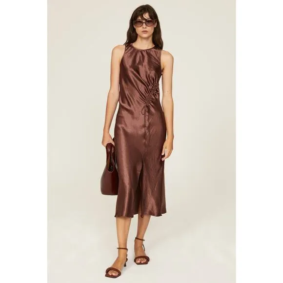 RAILS Women's Brown Satin Gabriella Sleeveless Slip Style Midi Dress Size XS