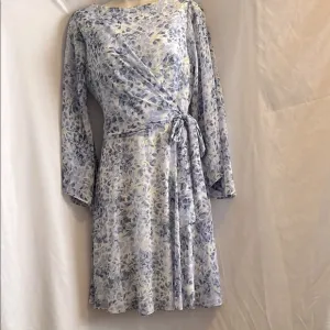 Ralph Laure Sheer Lined Floral Blue Wrap Dress. Flowy and flattering.