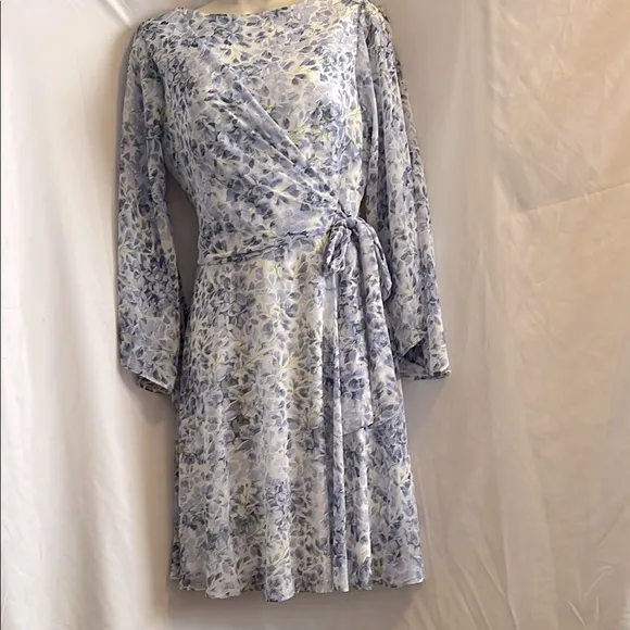 Ralph Laure Sheer Lined Floral Blue Wrap Dress. Flowy and flattering.