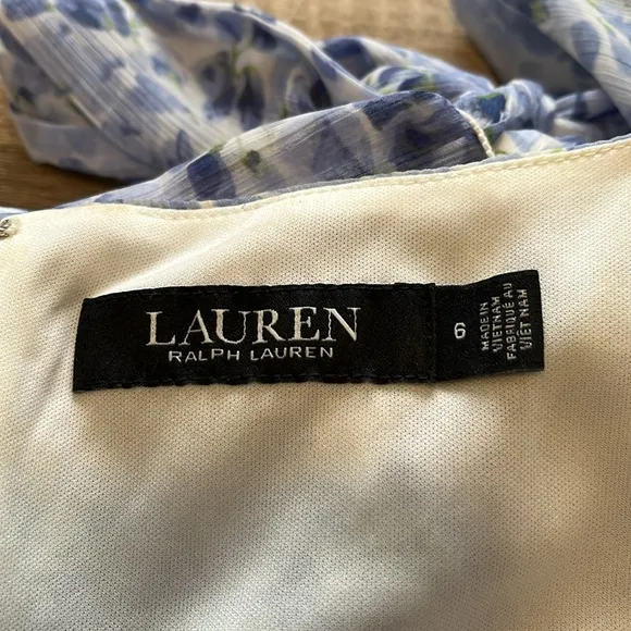 Ralph Laure Sheer Lined Floral Blue Wrap Dress. Flowy and flattering.