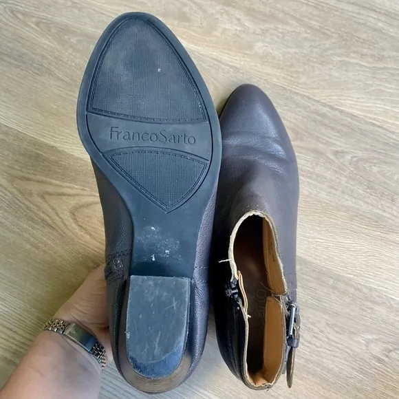 ranco Sarto Geila Gray Leather Ankle Boots | Triple Buckle Detail | Low Heel