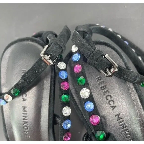 Rebecca Minkoff Black Suede Nanine Rhinestone Strappy Ankle Heel Sandals 7.5 EUC