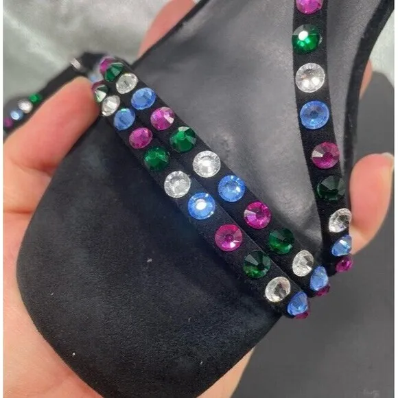 Rebecca Minkoff Black Suede Nanine Rhinestone Strappy Ankle Heel Sandals 7.5 EUC