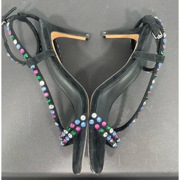 Rebecca Minkoff Black Suede Nanine Rhinestone Strappy Ankle Heel Sandals 7.5 EUC