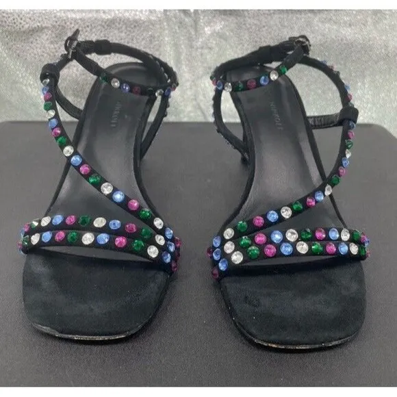 Rebecca Minkoff Black Suede Nanine Rhinestone Strappy Ankle Heel Sandals 7.5 EUC