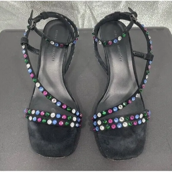 Rebecca Minkoff Black Suede Nanine Rhinestone Strappy Ankle Heel Sandals 7.5 EUC