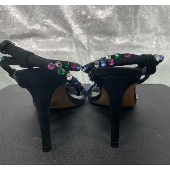 Rebecca Minkoff Black Suede Nanine Rhinestone Strappy Ankle Heel Sandals 7.5 EUC