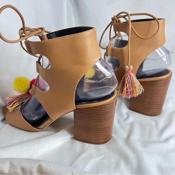 Rebecca Minkoff Calissa lace up heeled sandals w tassels and Pom poms size 8.5