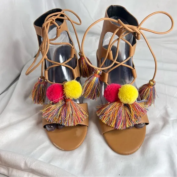 Rebecca Minkoff Calissa lace up heeled sandals w tassels and Pom poms size 8.5