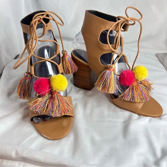 Rebecca Minkoff Calissa lace up heeled sandals w tassels and Pom poms size 8.5