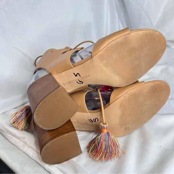 Rebecca Minkoff Calissa lace up heeled sandals w tassels and Pom poms size 8.5