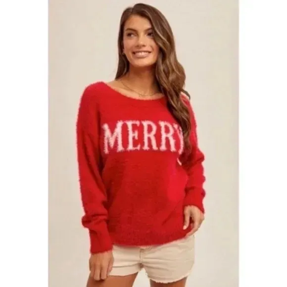 Red Merry Soft Fuzzy Eyelash Christmas Holiday Knit Pullover Sweater