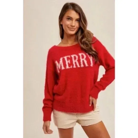 Red Merry Soft Fuzzy Eyelash Christmas Holiday Knit Pullover Sweater