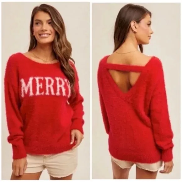 Red Merry Soft Fuzzy Eyelash Christmas Holiday Knit Pullover Sweater