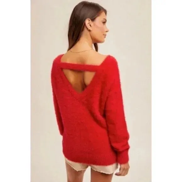 Red Merry Soft Fuzzy Eyelash Christmas Holiday Knit Pullover Sweater