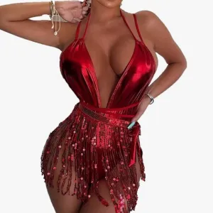 Red metallic Bodysuit romper rave festival outfit costume sequin skirt outfit