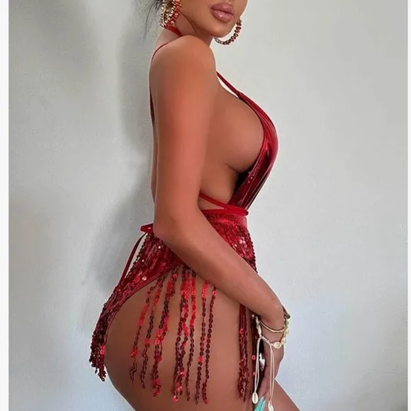 Red metallic Bodysuit romper rave festival outfit costume sequin skirt outfit