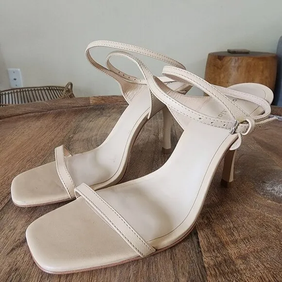 Reformation Leather Strappy Square Toe Beige Sandals Heels Size 6.5