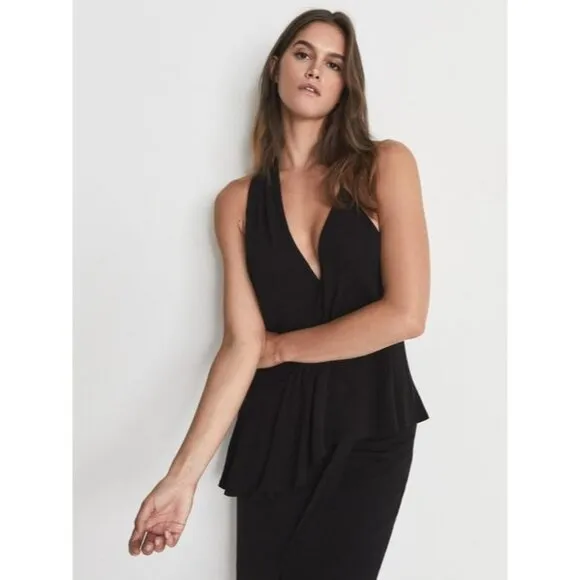 Reiss Dress Xena Strappy Open Back Black Women Midi Asymmetric Party SZ 8 New